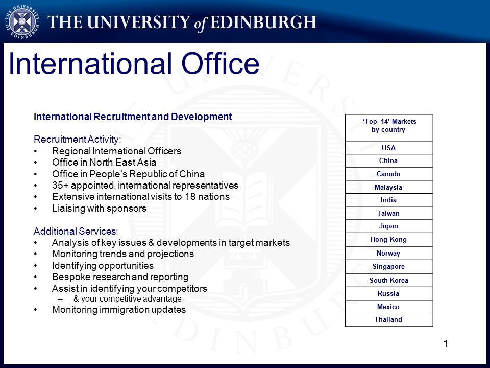1 International Office International Recruitment and Development Recruitment Activity: Regional International Officers Office in North East Asia Office in People’s Republic of China 35+ appointed, international representatives Extensive international visits to 18 nations Liaising with sponsors Additional Services: Analysis of key issues & developments in target markets Monitoring trends and projections Identifying opportunities Bespoke research and reporting Assist in identifying your competitors –& your competitive advantage Monitoring immigration updates ‘Top 14’ Markets by country USA China Canada Malaysia India Taiwan Japan Hong Kong Norway Singapore South Korea Russia Mexico Thailand
