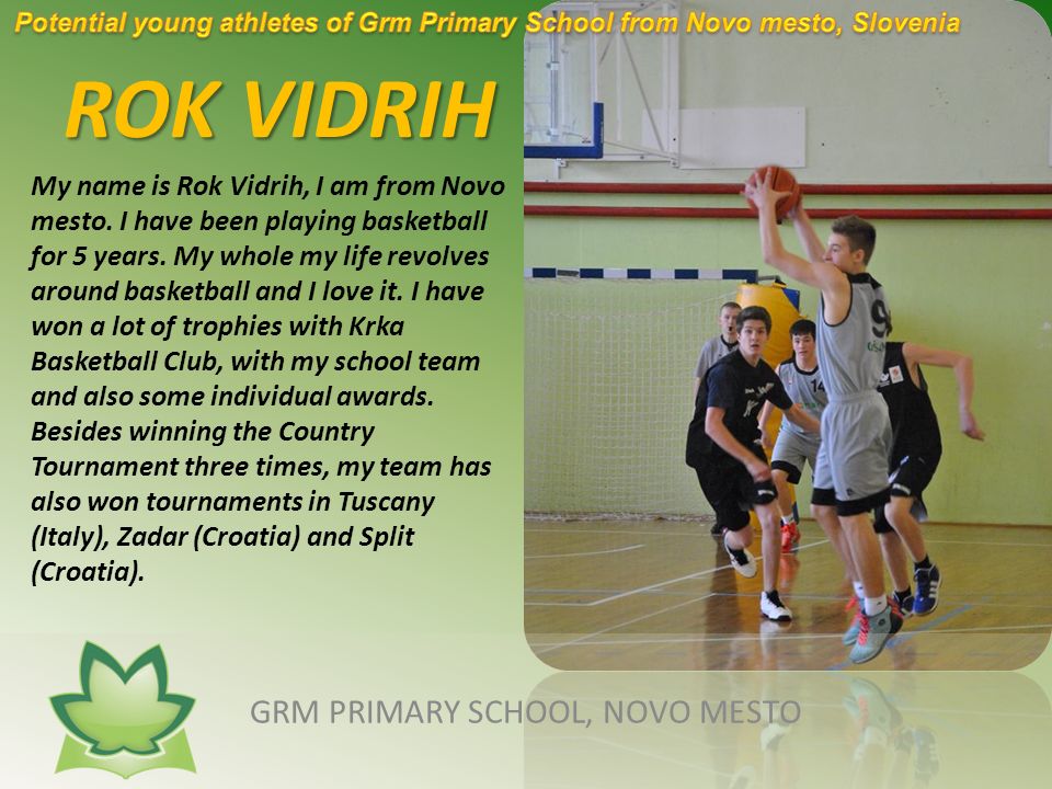 ROK VIDRIH GRM PRIMARY SCHOOL, NOVO MESTO My name is Rok Vidrih, I am from Novo mesto.