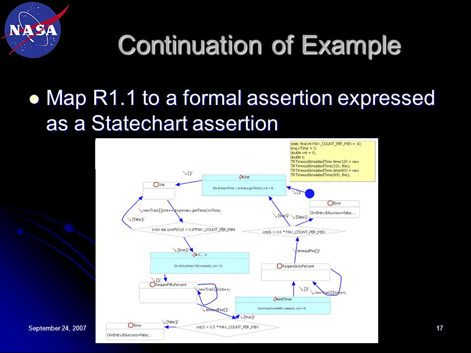 September 24, 2007NASA IV&V Facility Workshop on Validation Morgantown, WV 17 Continuation of Example Map R1.1 to a formal assertion expressed as a Statechart assertion Map R1.1 to a formal assertion expressed as a Statechart assertion