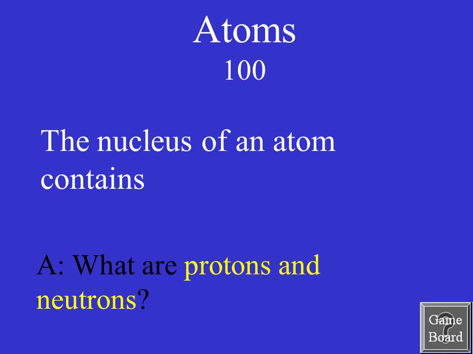 Atoms 100 A: What are protons and neutrons The nucleus of an atom contains