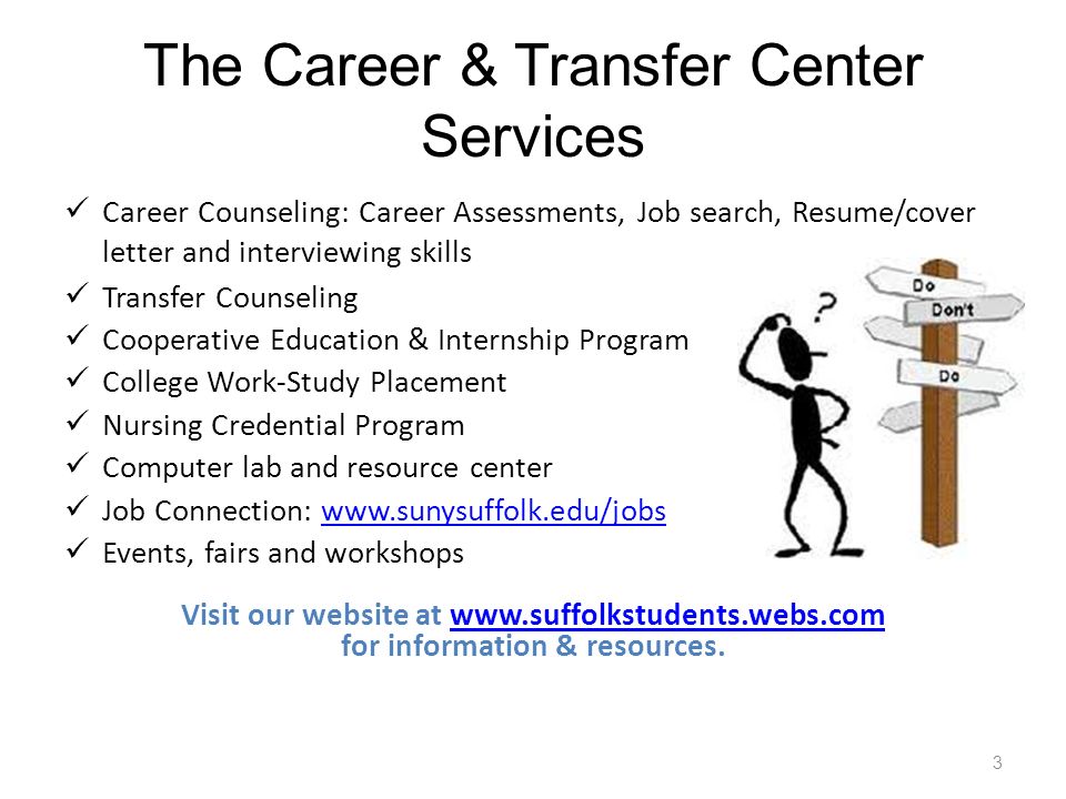 The Career & Transfer Center Services Career Counseling: Career Assessments, Job search, Resume/cover letter and interviewing skills Transfer Counseling Cooperative Education & Internship Program College Work-Study Placement Nursing Credential Program Computer lab and resource center Job Connection:   Events, fairs and workshops Visit our website at   for information & resources.