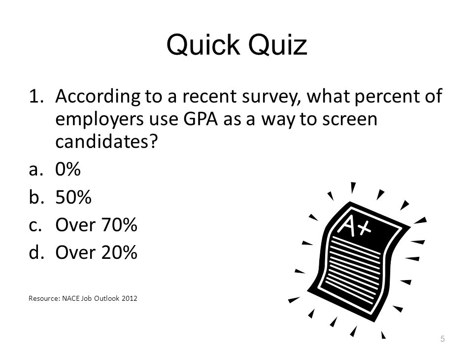 Quick Quiz 1.According to a recent survey, what percent of employers use GPA as a way to screen candidates.