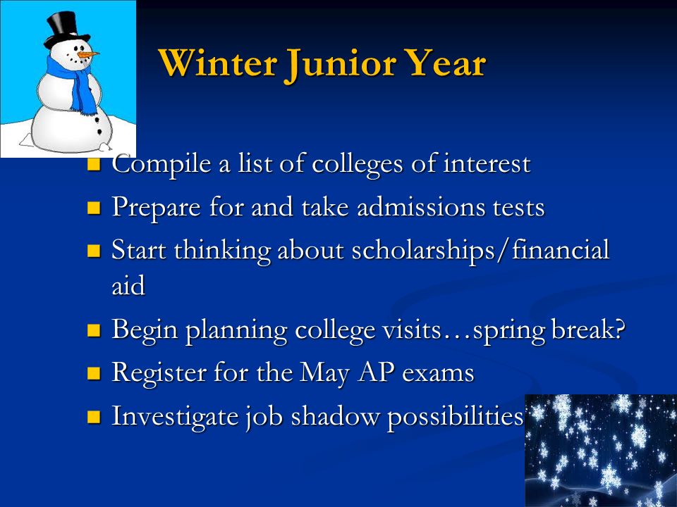 Winter Junior Year Compile a list of colleges of interest Compile a list of colleges of interest Prepare for and take admissions tests Prepare for and take admissions tests Start thinking about scholarships/financial aid Start thinking about scholarships/financial aid Begin planning college visits…spring break.