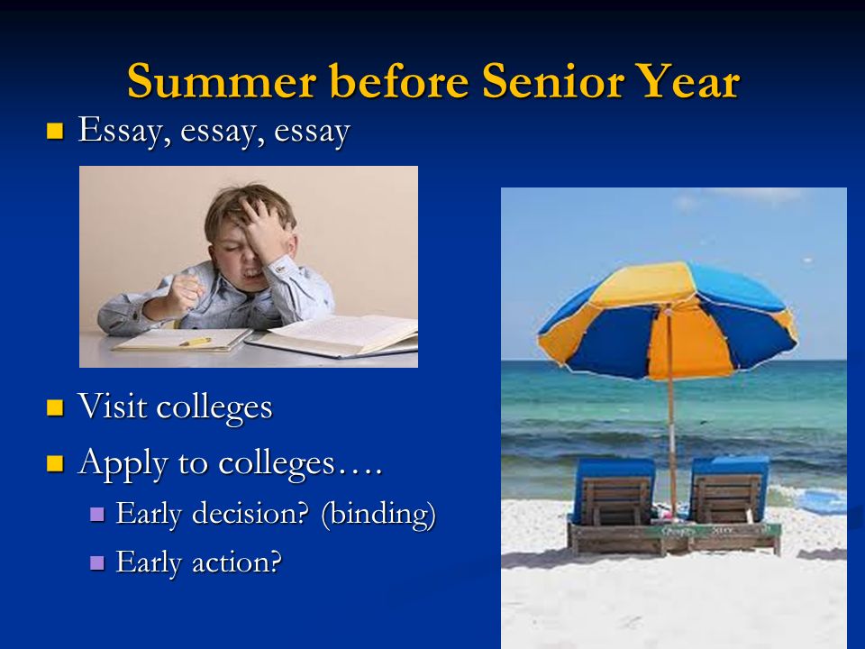 Summer before Senior Year Essay, essay, essay Essay, essay, essay Visit colleges Visit colleges Apply to colleges….