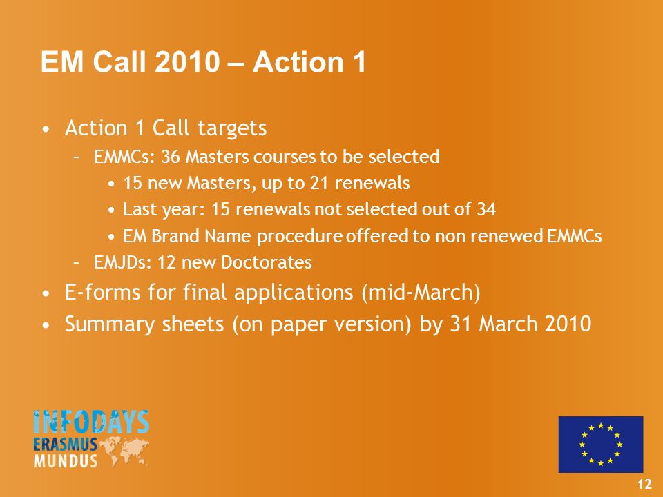 12 EM Call 2010 – Action 1 Action 1 Call targets –EMMCs: 36 Masters courses to be selected 15 new Masters, up to 21 renewals Last year: 15 renewals not selected out of 34 EM Brand Name procedure offered to non renewed EMMCs –EMJDs: 12 new Doctorates E-forms for final applications (mid-March) Summary sheets (on paper version) by 31 March 2010