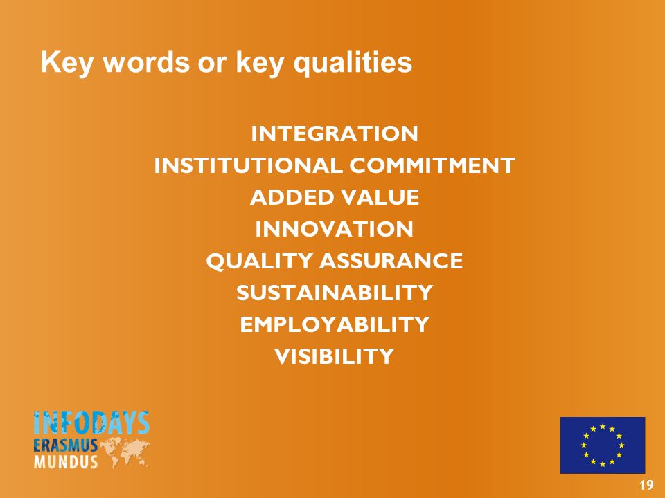 19 Key words or key qualities INTEGRATION INSTITUTIONAL COMMITMENT ADDED VALUE INNOVATION QUALITY ASSURANCE SUSTAINABILITY EMPLOYABILITY VISIBILITY