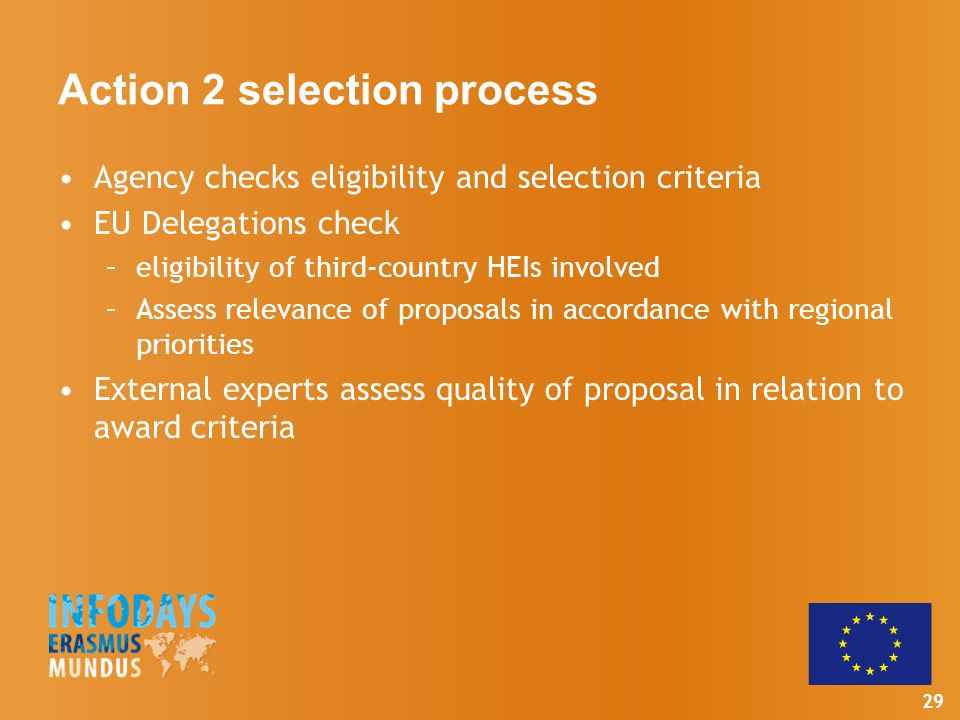 29 Action 2 selection process Agency checks eligibility and selection criteria EU Delegations check –eligibility of third-country HEIs involved –Assess relevance of proposals in accordance with regional priorities External experts assess quality of proposal in relation to award criteria