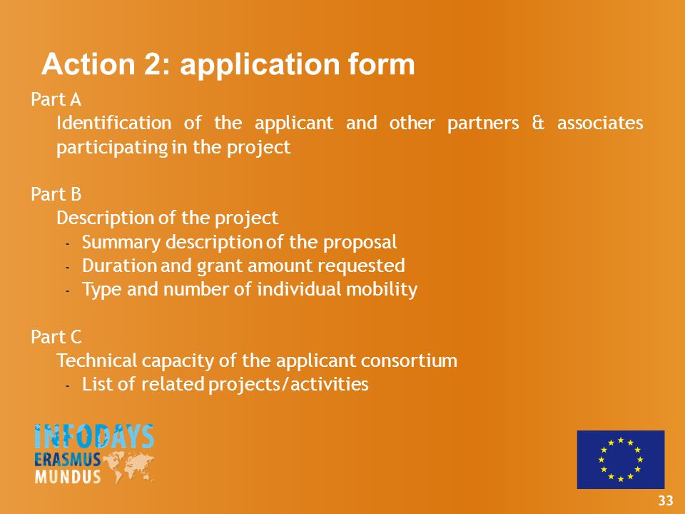 33 Part A Identification of the applicant and other partners & associates participating in the project Part B Description of the project - Summary description of the proposal - Duration and grant amount requested - Type and number of individual mobility Part C Technical capacity of the applicant consortium - List of related projects/activities Action 2: application form