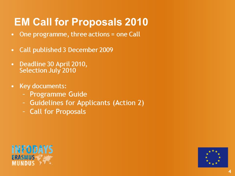 4 EM Call for Proposals 2010 One programme, three actions = one Call Call published 3 December 2009 Deadline 30 April 2010, Selection July 2010 Key documents: –Programme Guide –Guidelines for Applicants (Action 2) –Call for Proposals