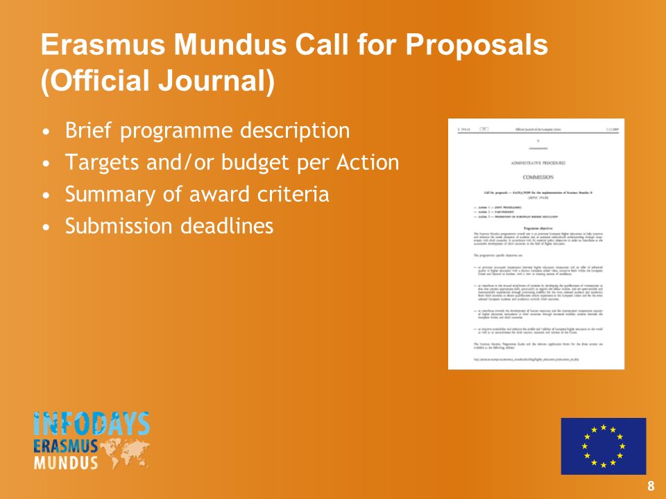 8 Erasmus Mundus Call for Proposals (Official Journal) Brief programme description Targets and/or budget per Action Summary of award criteria Submission deadlines