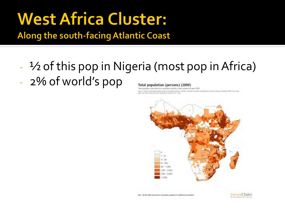 - ½ of this pop in Nigeria (most pop in Africa) - 2% of world’s pop