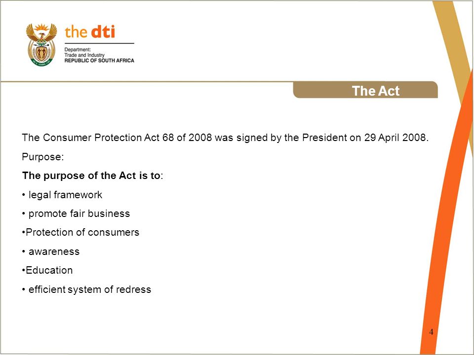 1 CONSUMER PROTECTION ACT 68/2008 DATE : 20 November 2009 VENUE : Midrand,  Gauteng. - ppt download