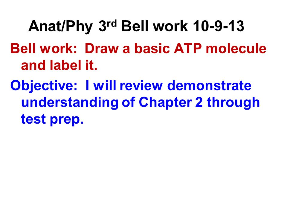 Anat/Phy 3 rd Bell work Bell work: Draw a basic ATP molecule and label it.