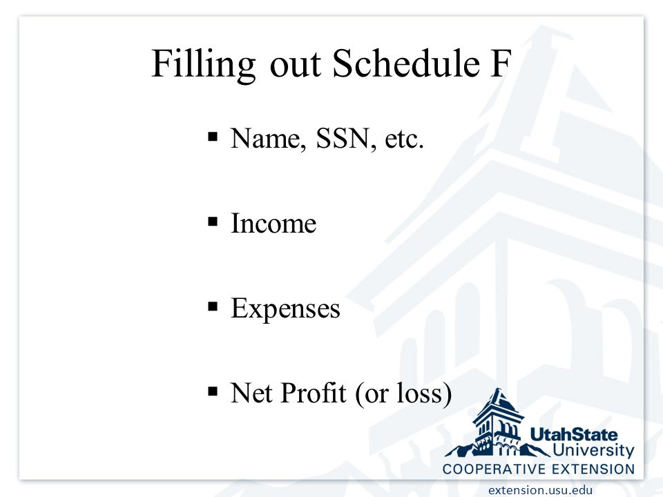Filling out Schedule F  Name, SSN, etc.  Income  Expenses  Net Profit (or loss)