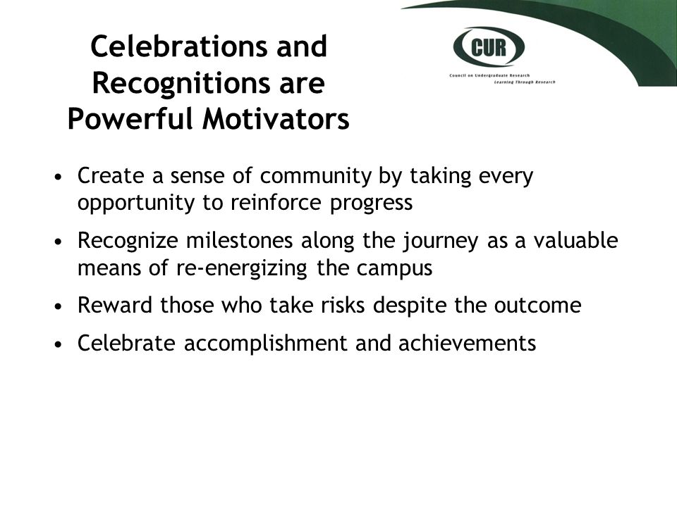 Celebrations and Recognitions are Powerful Motivators Create a sense of community by taking every opportunity to reinforce progress Recognize milestones along the journey as a valuable means of re-energizing the campus Reward those who take risks despite the outcome Celebrate accomplishment and achievements