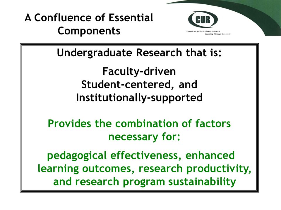Undergraduate Research that is: Faculty-driven Student-centered, and Institutionally-supported Provides the combination of factors necessary for: pedagogical effectiveness, enhanced learning outcomes, research productivity, and research program sustainability A Confluence of Essential Components