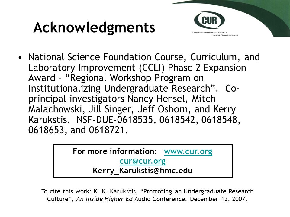 National Science Foundation Course, Curriculum, and Laboratory Improvement (CCLI) Phase 2 Expansion Award – Regional Workshop Program on Institutionalizing Undergraduate Research .