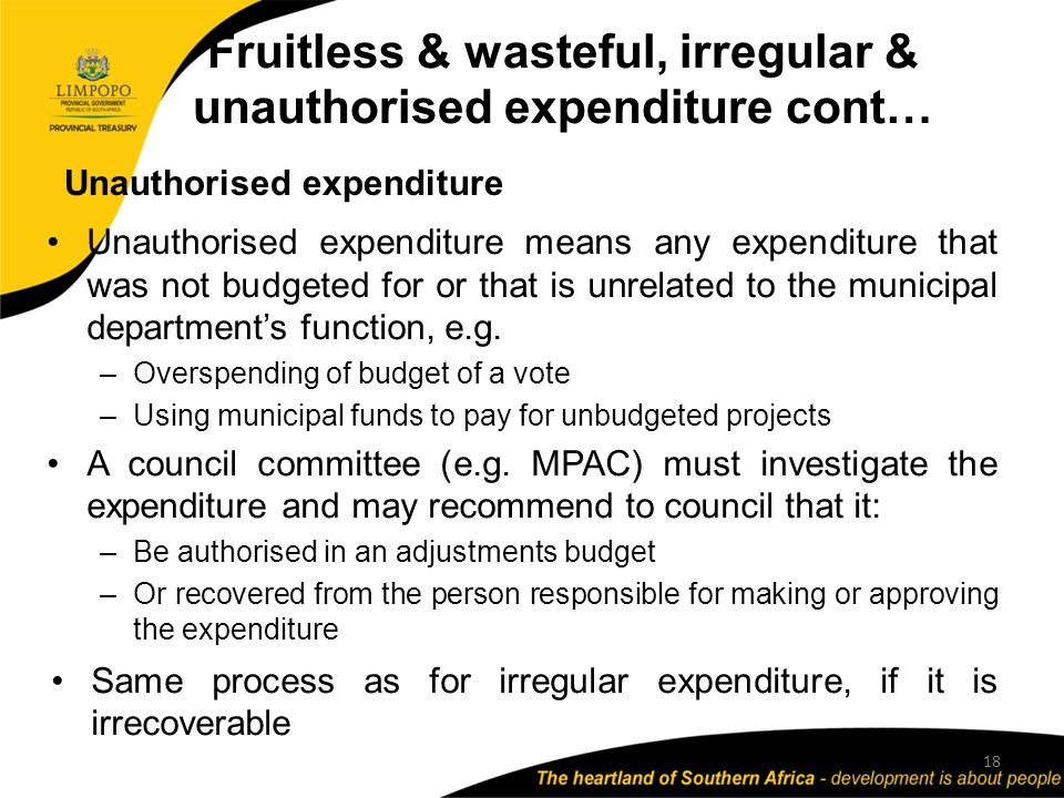 Fruitless & wasteful, irregular & unauthorised expenditure cont… Unauthorised expenditure 18 Unauthorised expenditure means any expenditure that was not budgeted for or that is unrelated to the municipal department’s function, e.g.