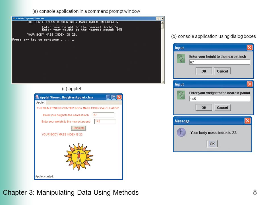 8 Chapter 3 Manipulating Data Using Methods B Console Application Dialog Boxes A In Command Prompt Window C Applet