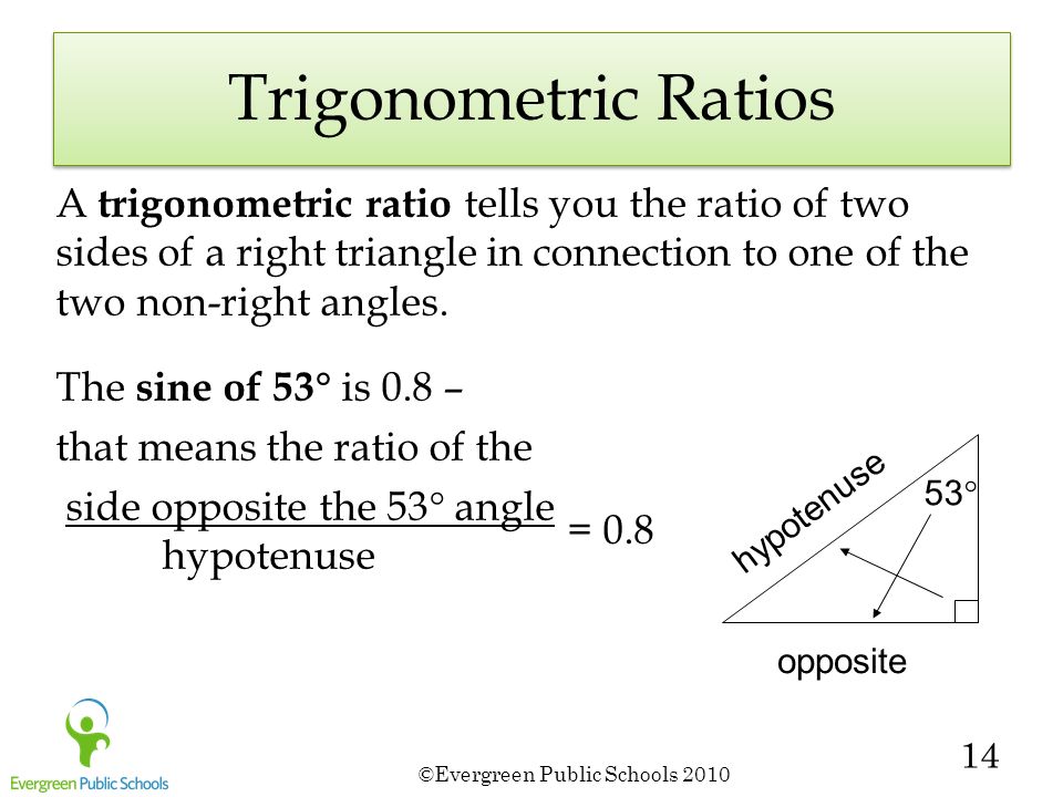 ©Evergreen Public Schools Trigonometric Ratios A trigonometric ratio tells you the ratio of two sides of a right triangle in connection to one of the two non-right angles.