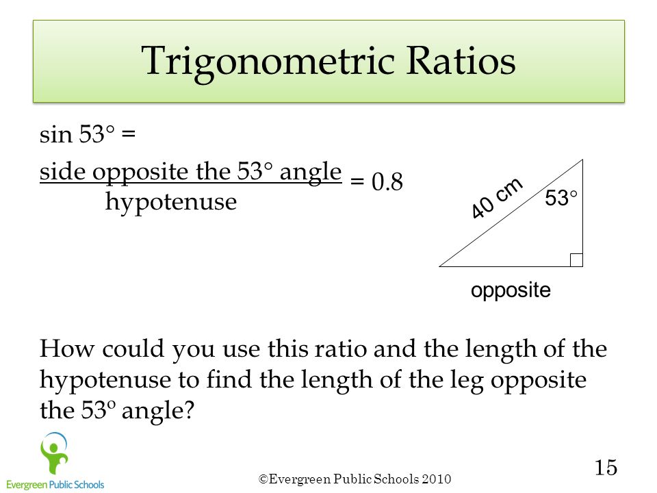 ©Evergreen Public Schools Trigonometric Ratios sin 53  = side opposite the 53  angle hypotenuse How could you use this ratio and the length of the hypotenuse to find the length of the leg opposite the 53º angle.
