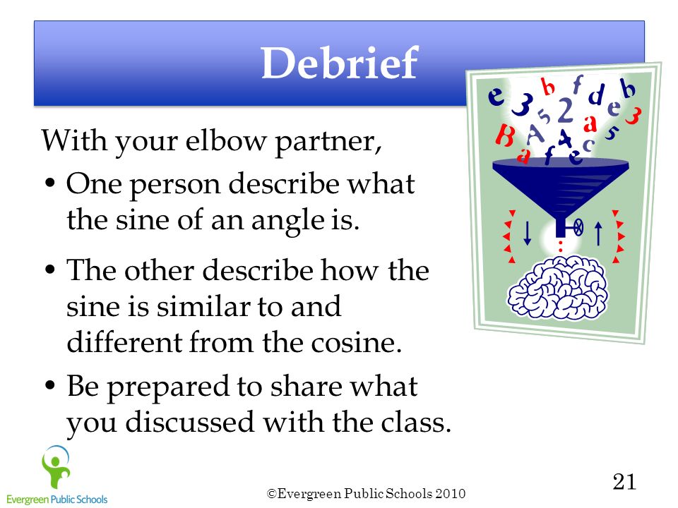 ©Evergreen Public Schools Debrief With your elbow partner, One person describe what the sine of an angle is.