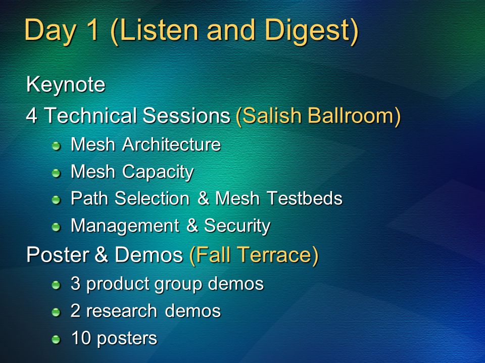 Day 1 (Listen and Digest) Keynote 4 Technical Sessions (Salish Ballroom) Mesh Architecture Mesh Capacity Path Selection & Mesh Testbeds Management & Security Poster & Demos (Fall Terrace) 3 product group demos 2 research demos 10 posters