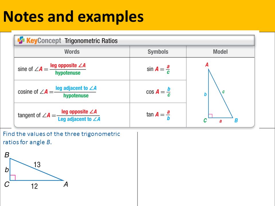 Notes and examples Find the values of the three trigonometric ratios for angle B.