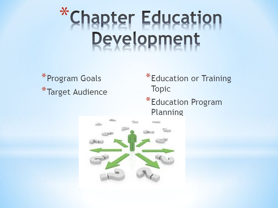 * Program Goals * Target Audience * Education or Training Topic * Education Program Planning