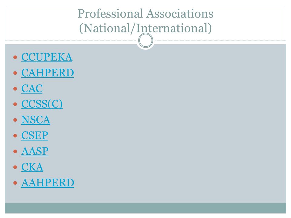 Professional Associations (National/International) CCUPEKA CAHPERD CAC CCSS(C) NSCA CSEP AASP CKA AAHPERD