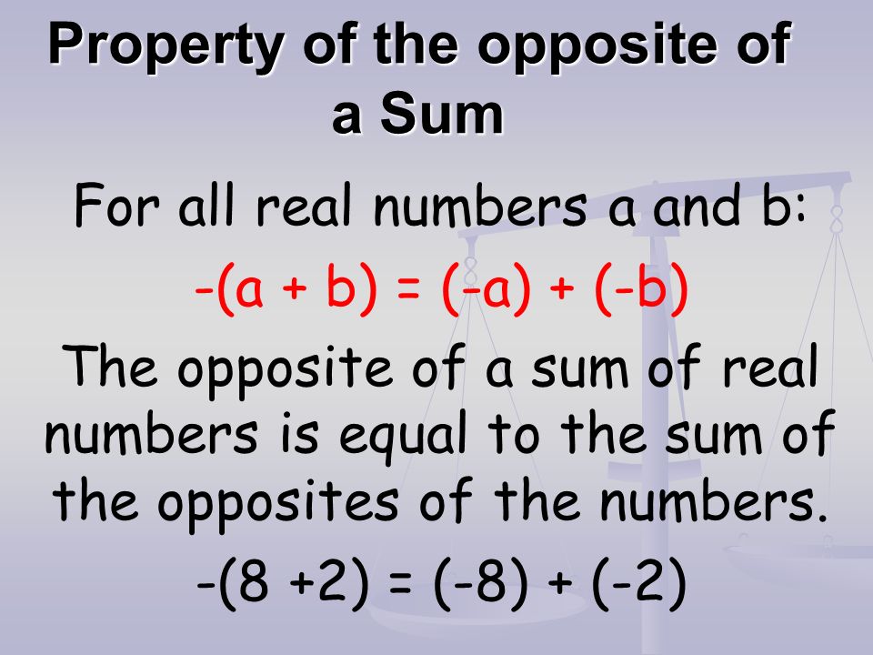 Property of the opposite of a Sum For all real numbers a and b: -(a + b) = (-a) + (-b) The opposite of a sum of real numbers is equal to the sum of the opposites of the numbers.