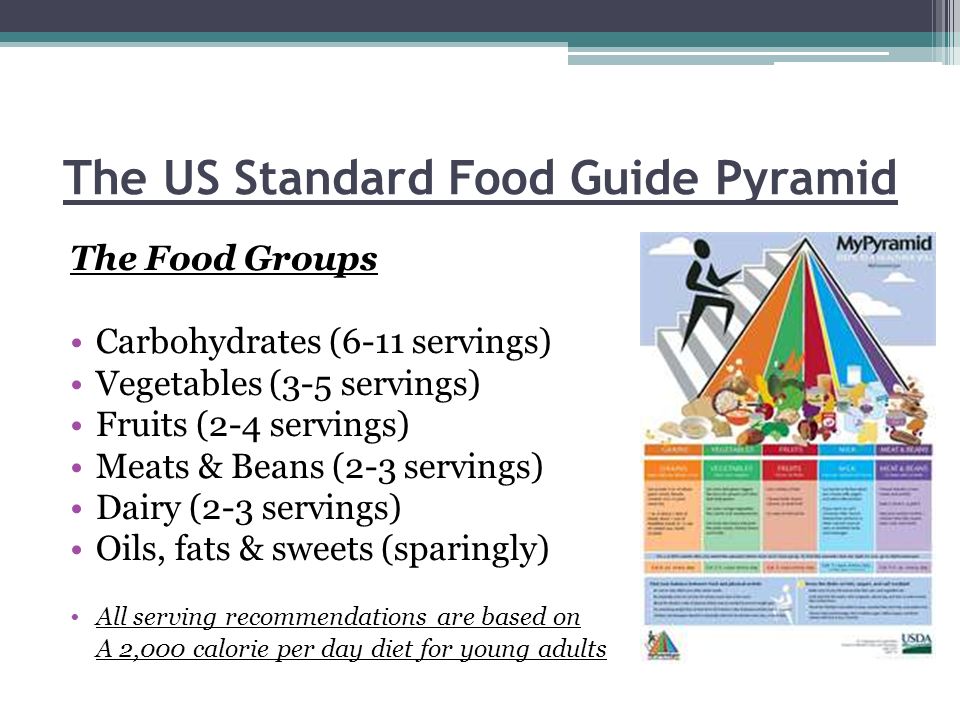 The US Standard Food Guide Pyramid The Food Groups Carbohydrates (6-11 servings) Vegetables (3-5 servings) Fruits (2-4 servings) Meats & Beans (2-3 servings) Dairy (2-3 servings) Oils, fats & sweets (sparingly) All serving recommendations are based on A 2,000 calorie per day diet for young adults