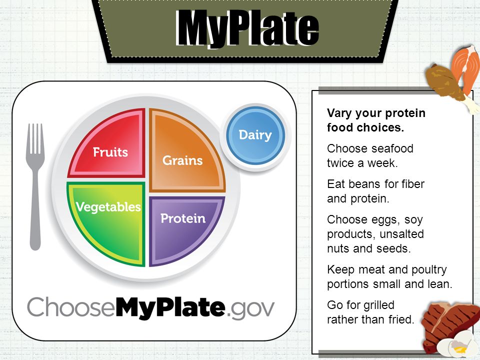 MyPlate Vary your protein food choices. Choose seafood twice a week.
