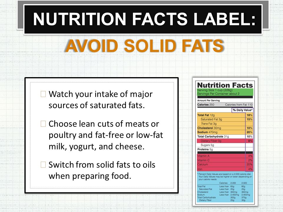 NUTRITION FACTS LABEL: AVOID SOLID FATS  Watch your intake of major sources of saturated fats.