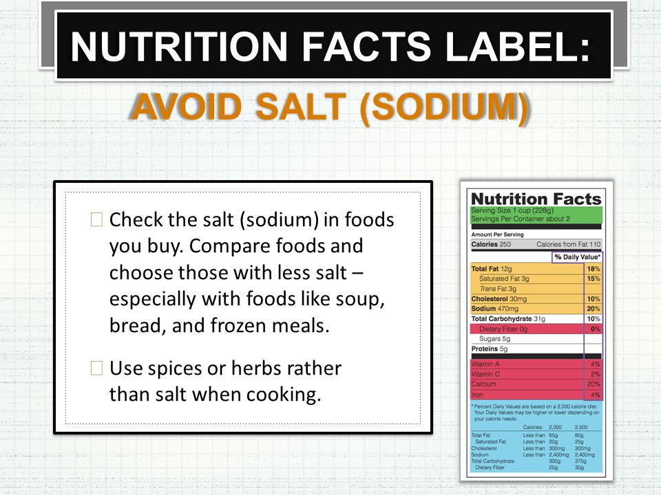 NUTRITION FACTS LABEL: AVOID SALT (SODIUM)  Check the salt (sodium) in foods you buy.