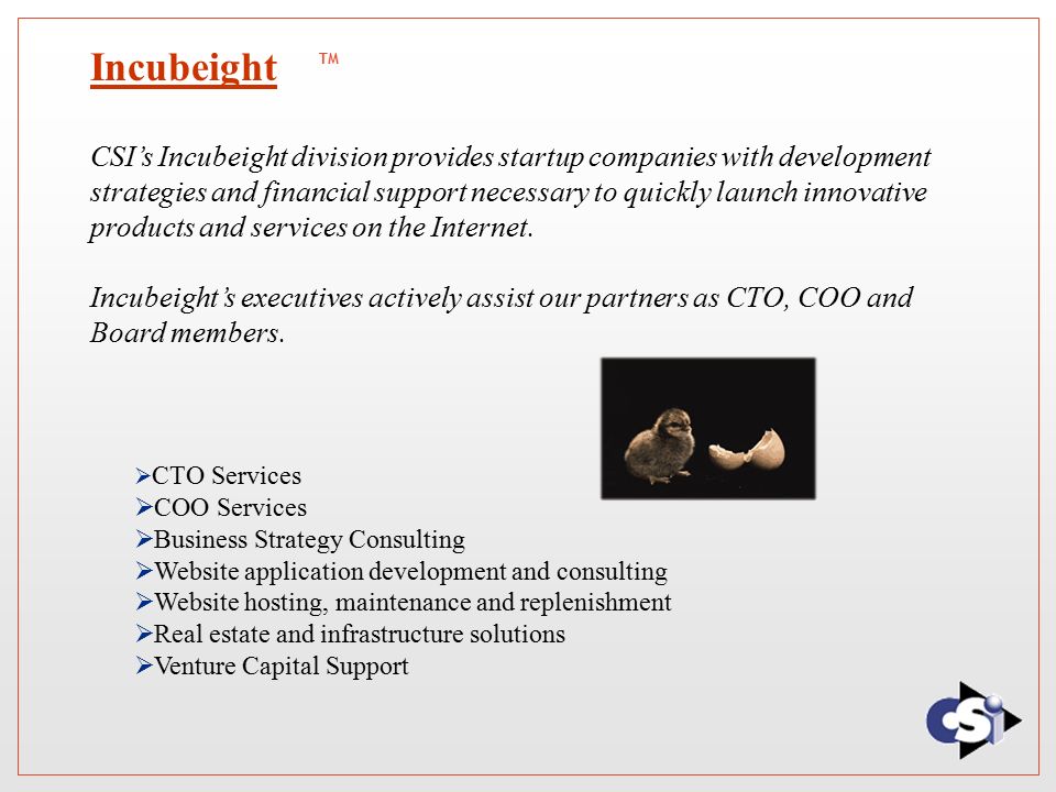 Incubeight CSI’s Incubeight division provides startup companies with development strategies and financial support necessary to quickly launch innovative products and services on the Internet.