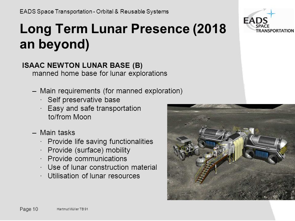 EADS Space Transportation - Orbital & Reusable Systems Hartmut Müller TB 91 Page 10 Long Term Lunar Presence (2018 an beyond) ISAAC NEWTON LUNAR BASE (B) manned home base for lunar explorations –Main requirements (for manned exploration) ·Self preservative base ·Easy and safe transportation to/from Moon –Main tasks ·Provide life saving functionalities ·Provide (surface) mobility ·Provide communications ·Use of lunar construction material ·Utilisation of lunar resources