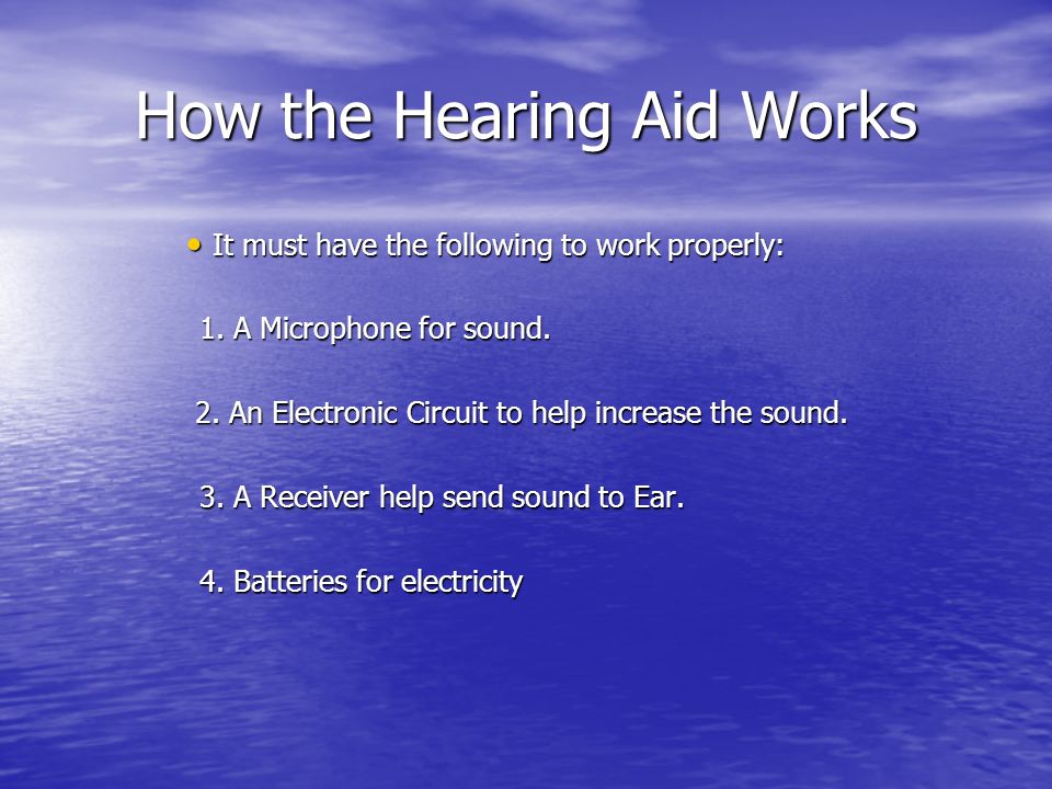 How the Hearing Aid Works It must have the following to work properly: It must have the following to work properly: 1.