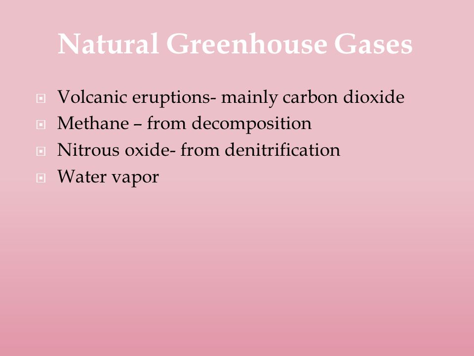  Volcanic eruptions- mainly carbon dioxide  Methane – from decomposition  Nitrous oxide- from denitrification  Water vapor Natural Greenhouse Gases