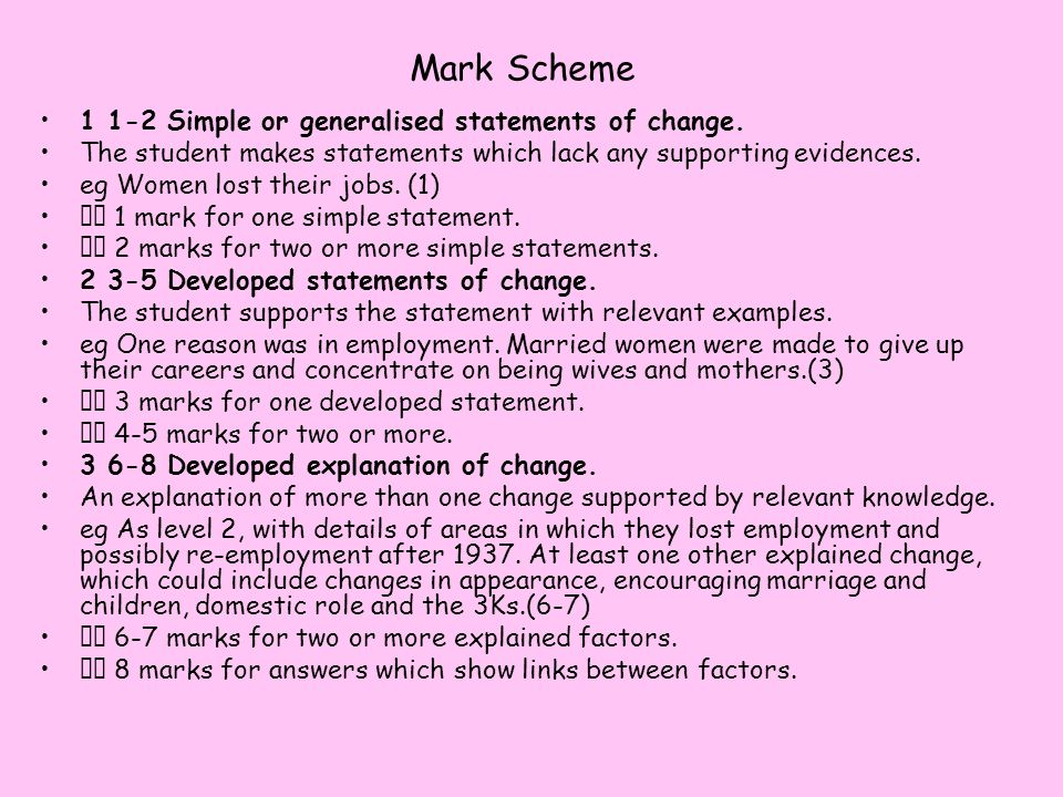 Mark Scheme Simple or generalised statements of change.