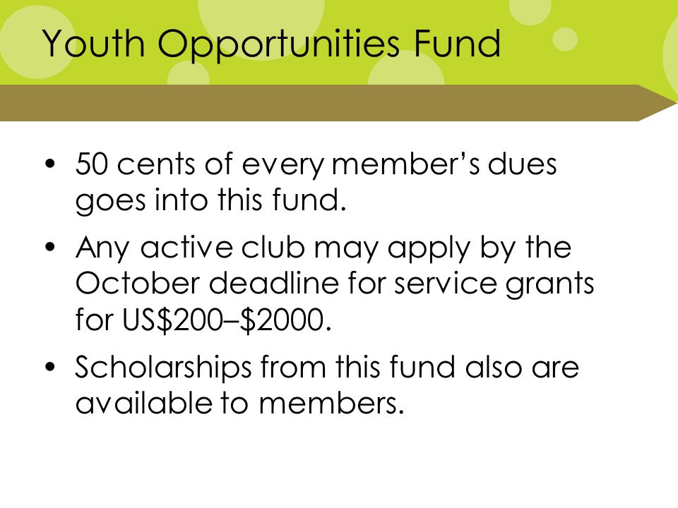 Youth Opportunities Fund 50 cents of every member’s dues goes into this fund.