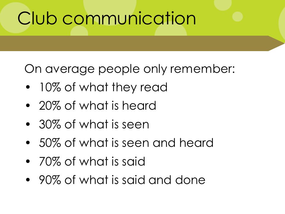 Club communication On average people only remember: 10% of what they read 20% of what is heard 30% of what is seen 50% of what is seen and heard 70% of what is said 90% of what is said and done