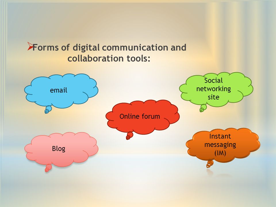  Forms of digital communication and collaboration tools:  Blog Online forum Social networking site