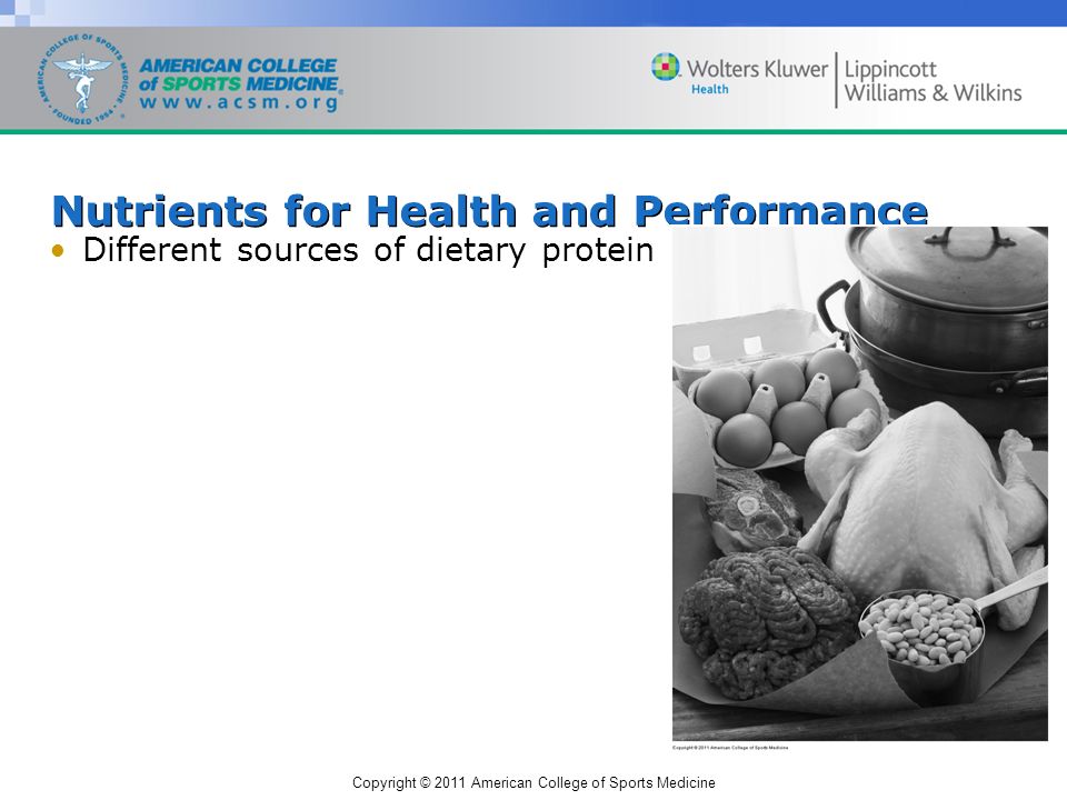 Copyright © 2011 American College of Sports Medicine Nutrients for Health and Performance Different sources of dietary protein