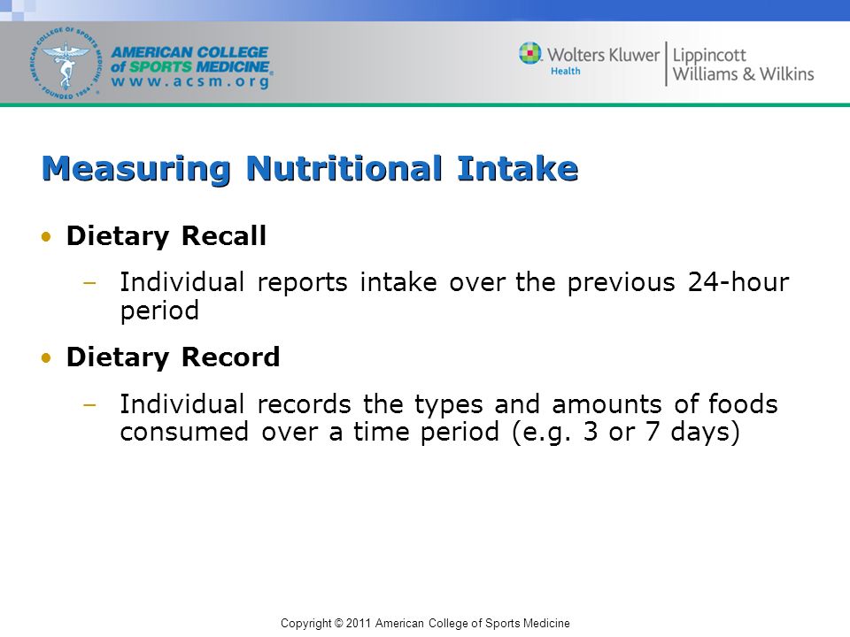 Copyright © 2011 American College of Sports Medicine Measuring Nutritional Intake Dietary Recall –Individual reports intake over the previous 24-hour period Dietary Record –Individual records the types and amounts of foods consumed over a time period (e.g.