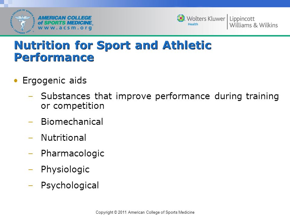Copyright © 2011 American College of Sports Medicine Nutrition for Sport and Athletic Performance Ergogenic aids –Substances that improve performance during training or competition –Biomechanical –Nutritional –Pharmacologic –Physiologic –Psychological