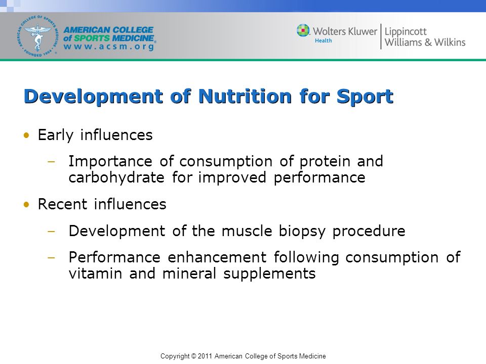 Copyright © 2011 American College of Sports Medicine Development of Nutrition for Sport Early influences –Importance of consumption of protein and carbohydrate for improved performance Recent influences –Development of the muscle biopsy procedure –Performance enhancement following consumption of vitamin and mineral supplements