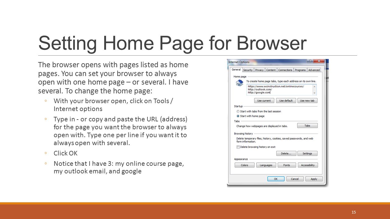 Setting Home Page for Browser The browser opens with pages listed as home pages.
