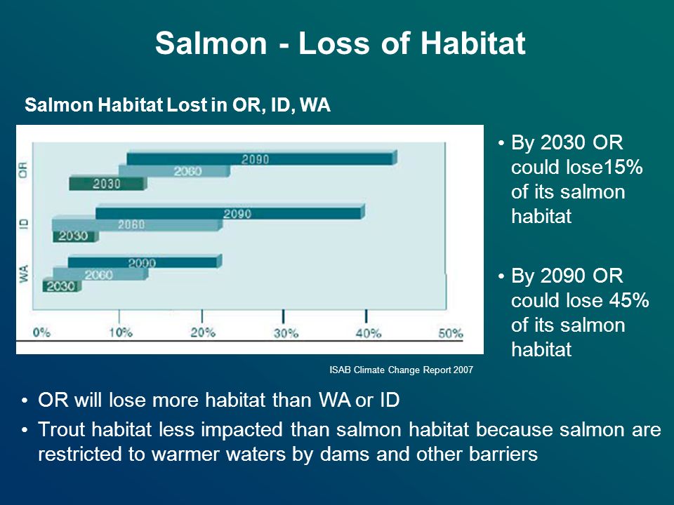 Salmon - Loss of Habitat OR will lose more habitat than WA or ID Trout habitat less impacted than salmon habitat because salmon are restricted to warmer waters by dams and other barriers Salmon Habitat Lost in OR, ID, WA ISAB Climate Change Report 2007 By 2030 OR could lose15% of its salmon habitat By 2090 OR could lose 45% of its salmon habitat