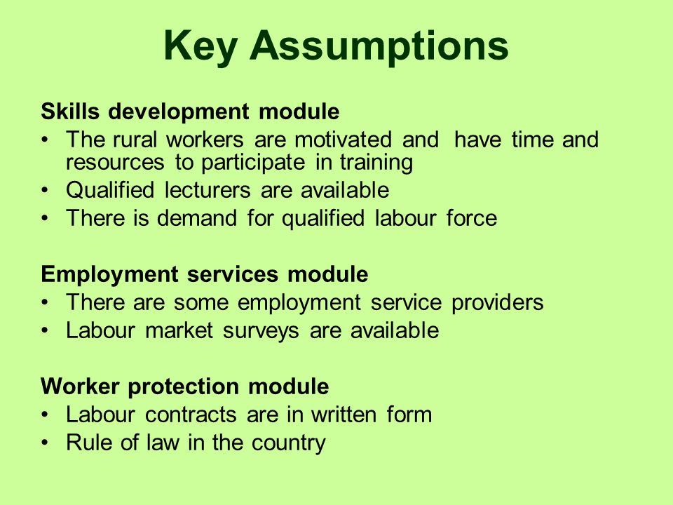 Key Assumptions Skills development module The rural workers are motivated and have time and resources to participate in training Qualified lecturers are available There is demand for qualified labour force Employment services module There are some employment service providers Labour market surveys are available Worker protection module Labour contracts are in written form Rule of law in the country